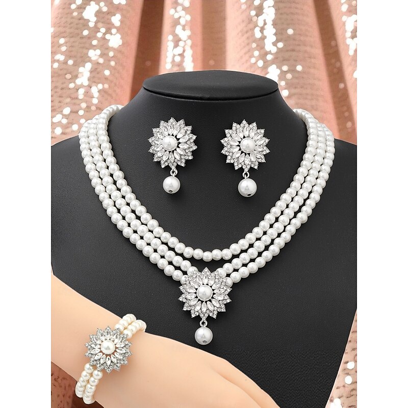 Women's Pearl Jewelry Set with Crystal Flower Accents - Vintage Gatsby Style Necklace, Earrings and Bracelet for 1920s Party and Cocktail Events3