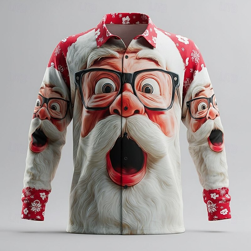 Christmas Men's Santa Claus 3D Cartoon Human face Shirt Button Up Shirt Long Sleeve Funny Outdoor Holiday Spring Fall Turndown 3D Print Collared Shirts Red 1 Red Red 23