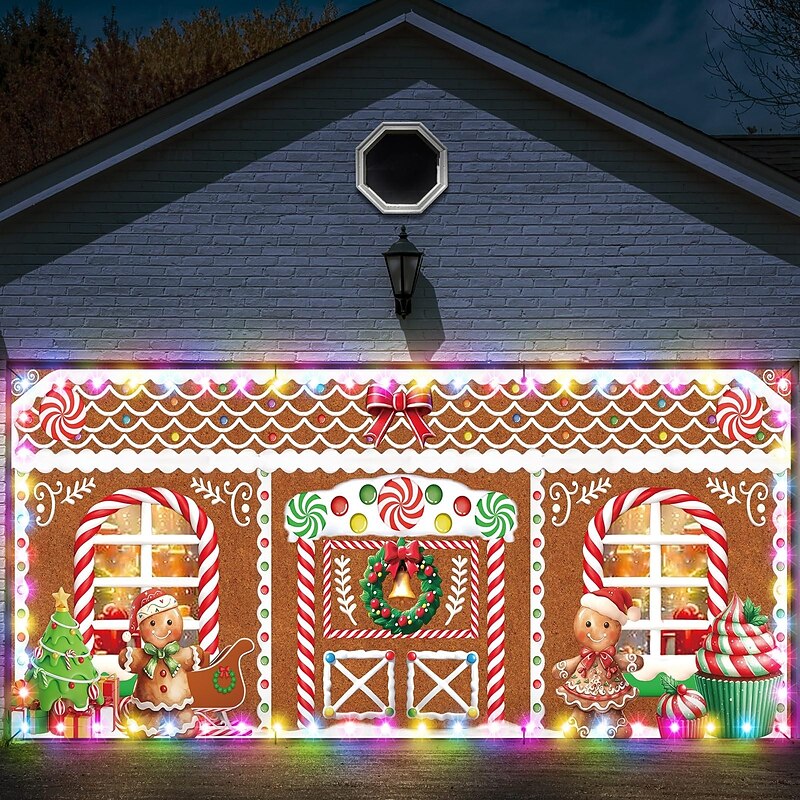 Christmas Outdoor Garage Door Cover Gingerbread Man Candy House Candy Cane Christmas Wreath Large Tapestry Backdrop Holiday Party Wall Decoration For Outdoor Garage Door Home Festival Decor