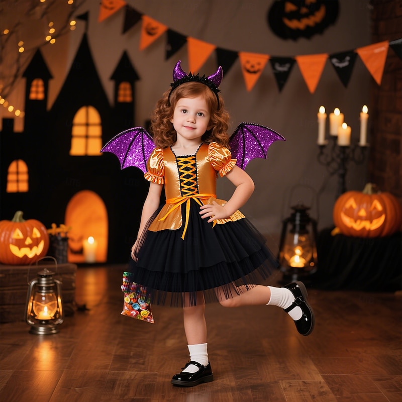 Kids Girls' Party Dress Solid Color Graphic Short Sleeve Special Occasion Halloween Party Halloween Custome Sweet Polyester Summer Spring Fall kids Orange2