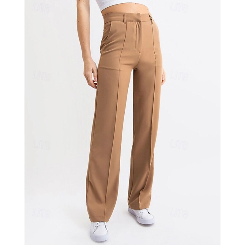 Women's Chinos Straight Streetwear Casual Full Length Medium Waist Plain Pocket Elastic Waist Comfortable Micro-elastic Outdoor Vacation Daily dark brown Amethyst Black Brown Spring Fall Regular Fit