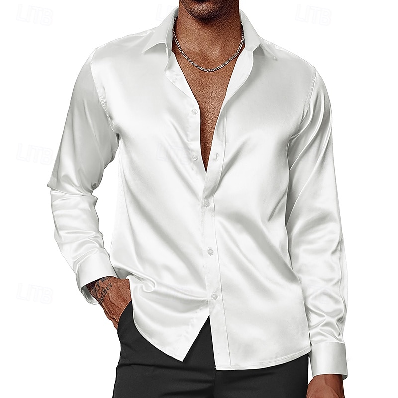 Men's Shirt Satin Shirt Dress Shirt Casual Shirt Button Up Shirt Untucked Shirts Plain Formal Wedding Black White Wine Green Long Sleeve Lapel Spring &  Fall All Seasons Clothing Apparel Plain