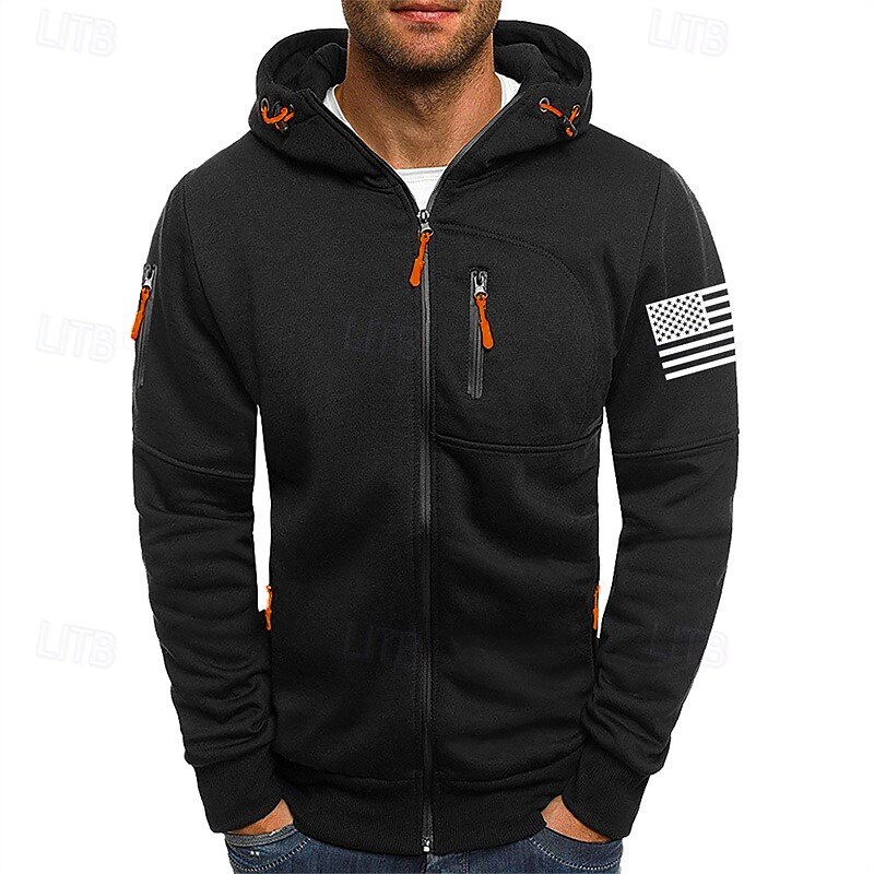 Men's Hoodie Full Zip Hoodie Black White Wine Army Green Navy Blue Hooded National Flag Zip Up Pocket Sports & Outdoor Daily Holiday Polyester Streetwear Basic Casual Spring Fall Clothing Apparel