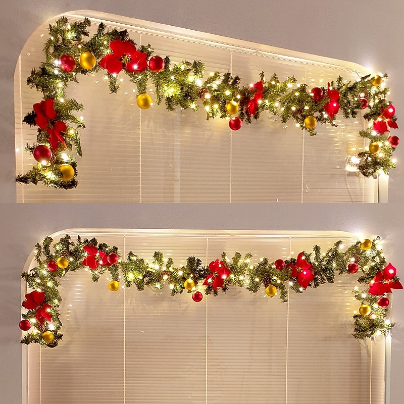 Christmas Garland with Lights, Artificial Green Christmas Garland for Stair Railings Mantle Decorations with Red Flowers, Berry Clusters Needle Pine and Balls, Winter Outdoor Indoor Decor4