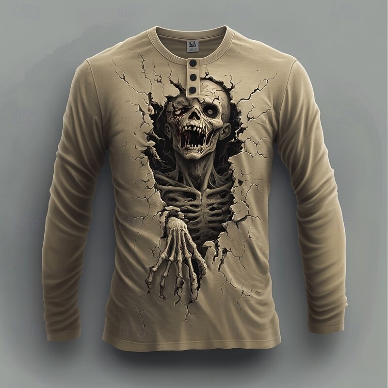 Men's Halloween Graphic Zombies Henley Shirt Long Sleeve Fashion Cute Daily Casual Holiday Going out Fall Spring &  Fall Purple Blue Brown Green Khaki Henley Henley T-Shirt