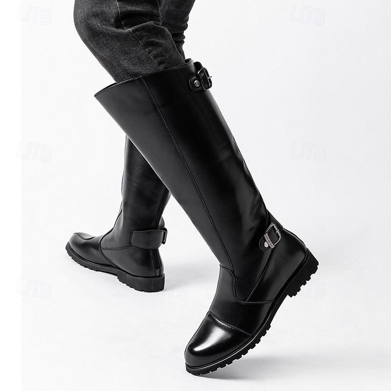 Men's Black Tall Riding Boots – Genuine Faux Leather Knee-High Equestrian Boots with Side Buckle for Horse Riding, Costume and Formal Events4