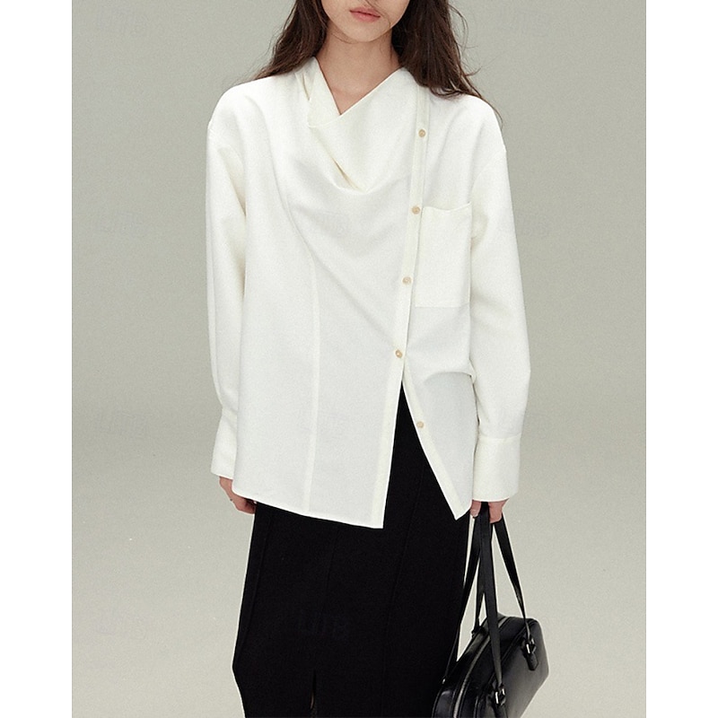Women's Shirt Blouse Plain Elegant Vintage Long Sleeve Asymmetrical Regular Tops Holiday Going out Buttons White Gray Spring Fall