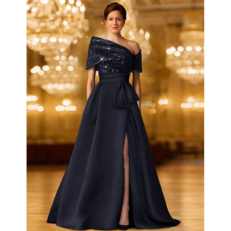A-Line Evening Gown Elegant Formal Dress Formal Wedding Floor Length Long Sleeve One Shoulder Pocket Stretch Satin with Glitter 2025