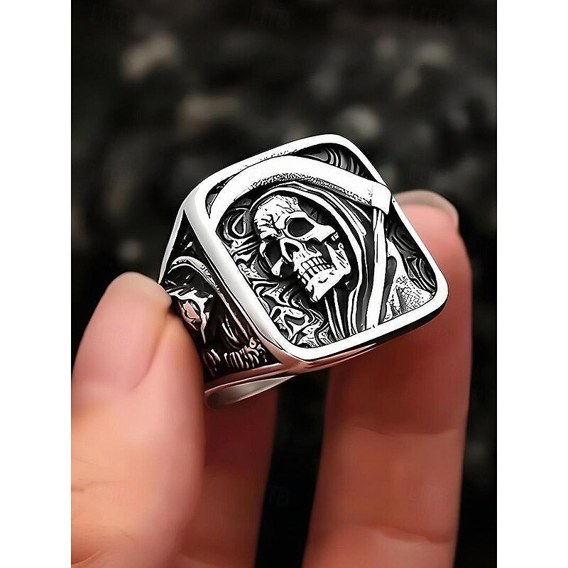 Men's Halloween Stainless Steel Grim Reaper Skull Ring – Gothic Punk Biker Jewelry for Parties and Festivals3