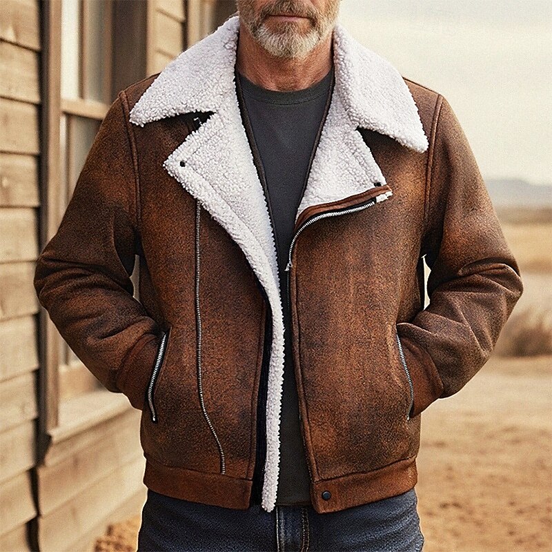 Men's Faux Suede Jacket Winter Jacket Fleece Jacket Sherpa Jacket Vacation Daily Thermal Warm Pocket Fleece Fall Winter Plain Fashion Streetwear Lapel Regular Black Brown Green Jacket
