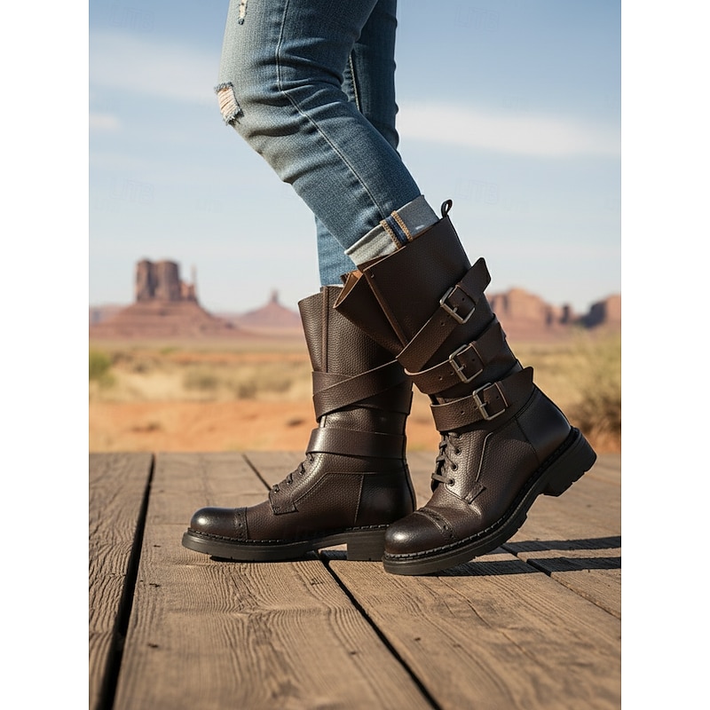 Women's Leather Buckled Combat Boots - Edgy Urban Style for Fashion - Forward City Outfits, Ideal for Daily Streetwear & Trendy Occasions2