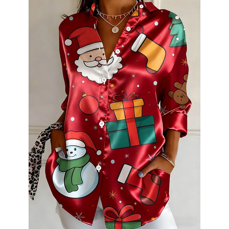 Christmas Women's Shirt Graphic Santa Claus Vintage Stylish Casual Long Sleeve Shirt Collar Regular Tops Work Daily Holiday White Red Green Fall Winter
