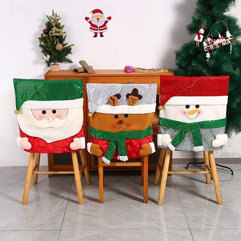 Christmas 3D Decorative Chair Covers, Gold Sequin Holiday Chair Slipcovers, Festive Dining Room Decor, European Style Xmas Party Decorations3