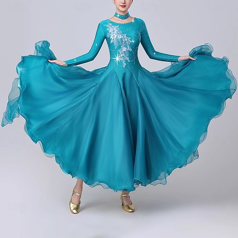 Ballroom Dance Dress Crystals / Rhinestones Women's Performance Party Long Sleeve Modern Waltz Dance Costumes - Main Image