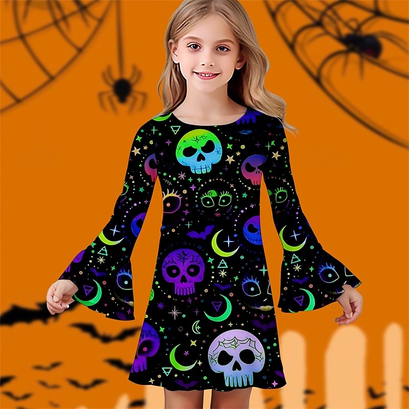 Halloween Girls' 3D Skull Dress Ruffle Dress Long Sleeve Summer Spring Vacation Daily Holiday Beautiful Sweet Kids 4-12 Years Casual Dress Knee-length Regular Fit