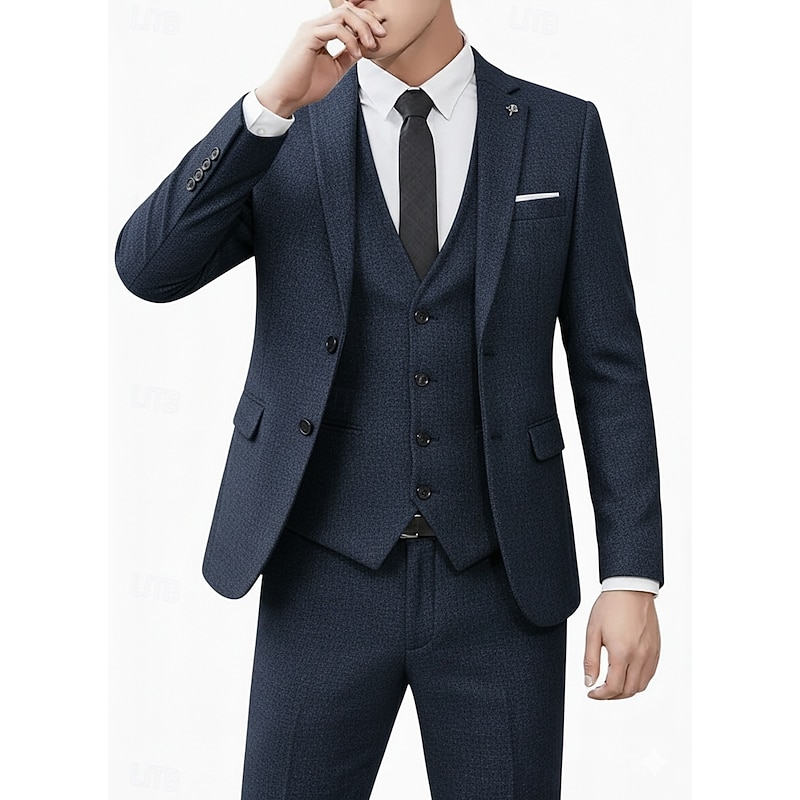 Men's Wedding Business Tweed Suits Notch Lapel Black Burgundy Daily Formal Solid Colored Tailored Fit 3 Piece Single Breasted Two-buttons