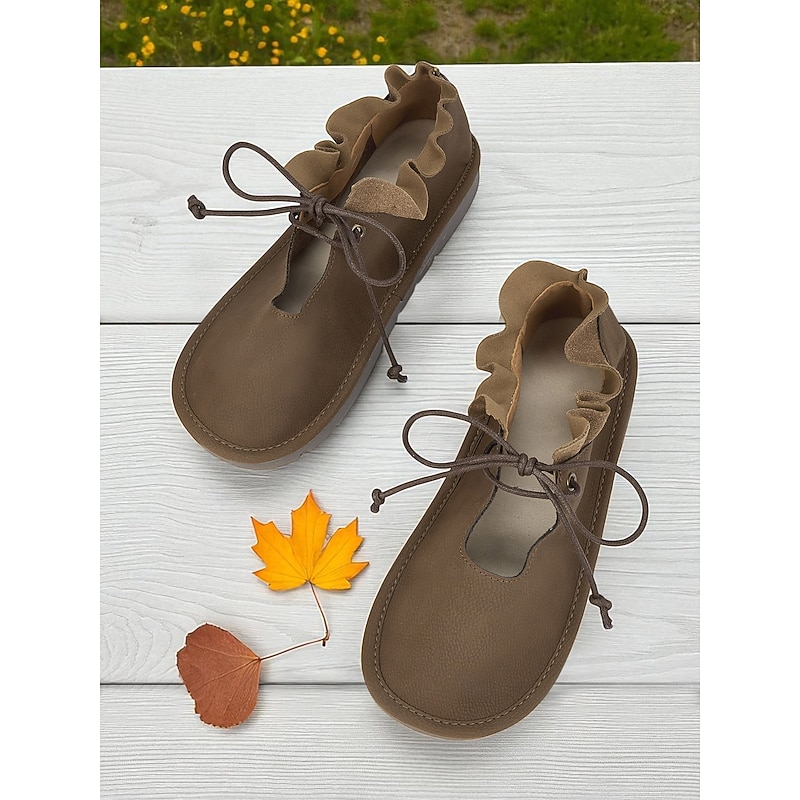 Women's Wide Width Khaki Lace-Up Flats with Ruffle Design – Comfortable Casual Shoes for Daily Wear2