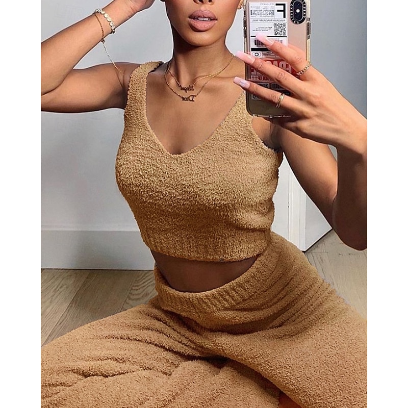 Women's Active Streetwear Pants Sets Bolero Top Sleeveless V Neck Plain Outdoor Vacation Daily White Pink Blue Fall Regular Fit