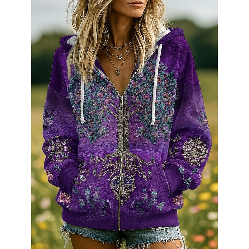 Women's Zip Up Hoodies Floral Graphic Fashion Casual Long Sleeve Hooded Regular Tops Street Dailywear Patchwork Zipper Pocket Purple Spring Fall