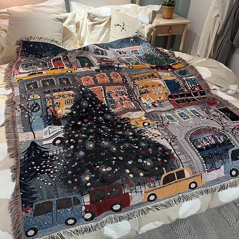 Merry Christmas Cartoon Tapestry, Holiday Room Decoration, Bed Throw, Sofa Blanket with Colorful Lights4