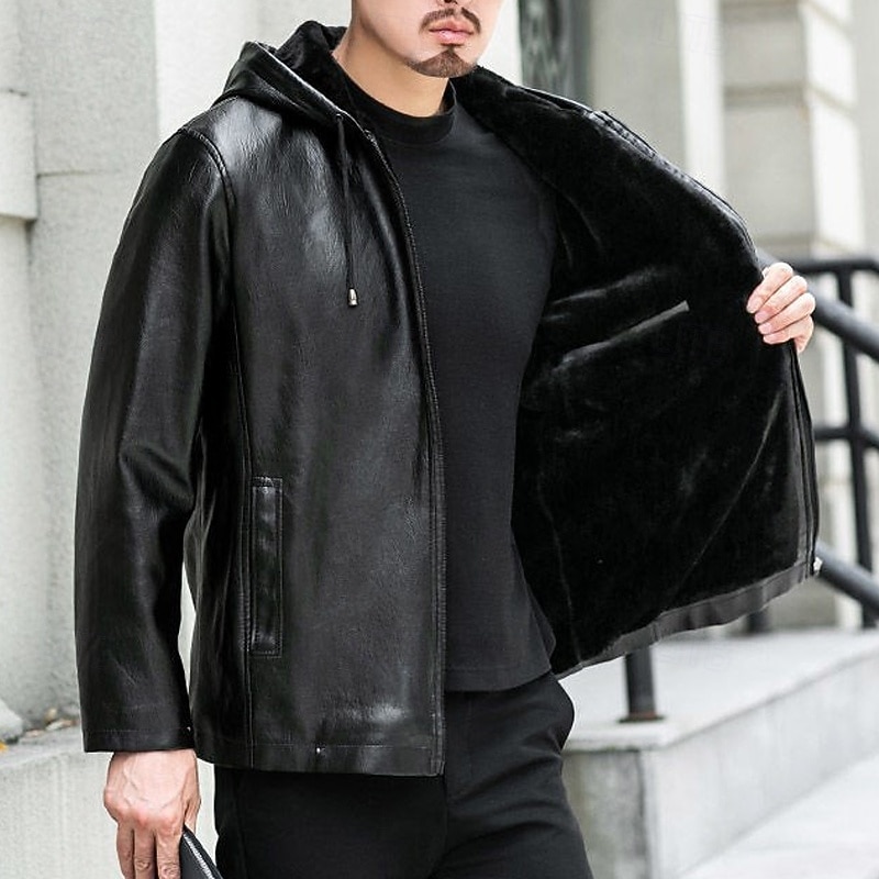 Men's Faux Leather Jacket Biker Jacket Motorcycle Jacket Vacation Daily Windproof Warm Pocket Fall Winter Plain Fashion Classic Hooded Regular Black Jacket