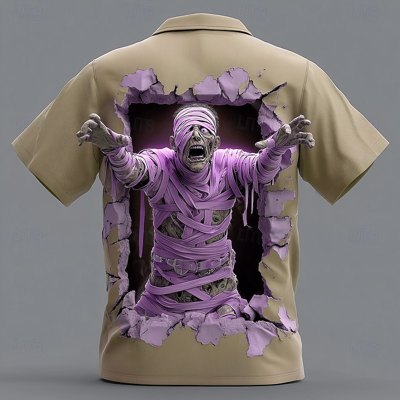 Halloween Men's Zombies Mummy Cracked Wall Shirt Button Up Shirt Short Sleeve Dark Gothic Style Holiday Streetwear Summer Spring Turndown 3D Print Collared Shirts Purple Green Khaki Gray3