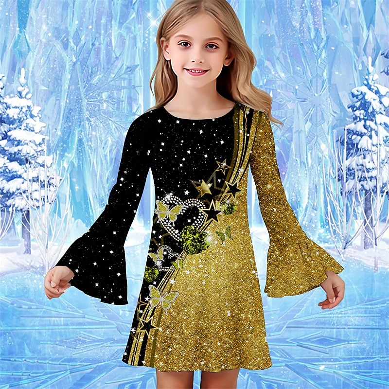 Girls' 3D Butterfly Stars Dress Ruffle Dress Long Sleeve Summer Spring Vacation Daily Holiday Beautiful Sweet Kids 4-12 Years Casual Dress Knee-length Regular Fit