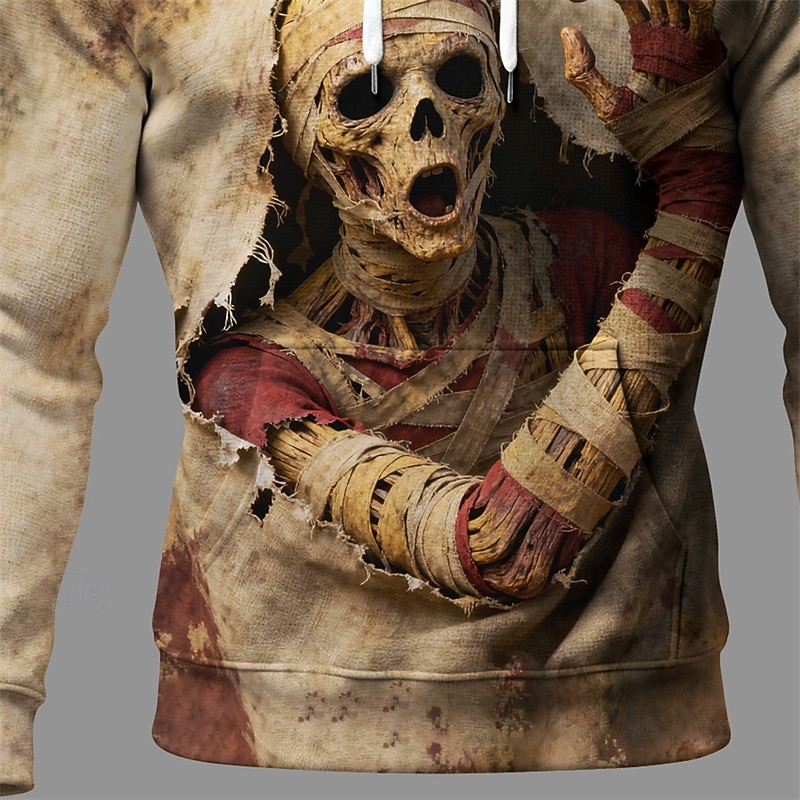 Halloween Men's Skull Monster Hoodie Fashion Daily Hooded Vacation Party Streetwear Khaki Drawstring Pocket Printing Fall Winter Designer3