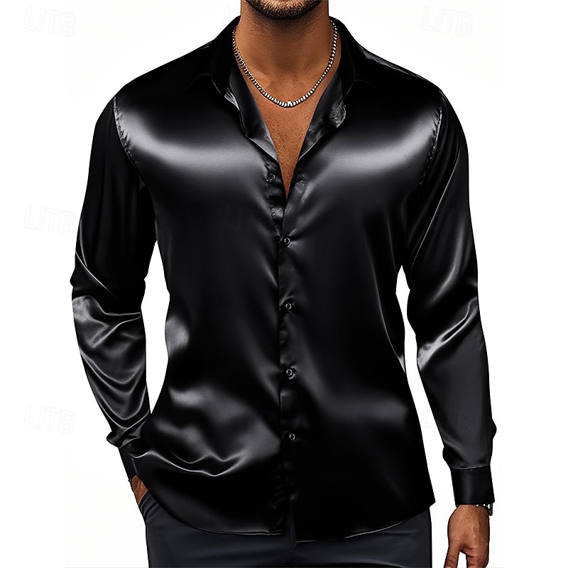 Men's Shirt Satin Shirt Casual Shirt Button Up Shirt Untucked Shirts Plain Daily Going out Light Blue Black White Wine Long Sleeve Lapel Spring &  Fall All Seasons Clothing Apparel4