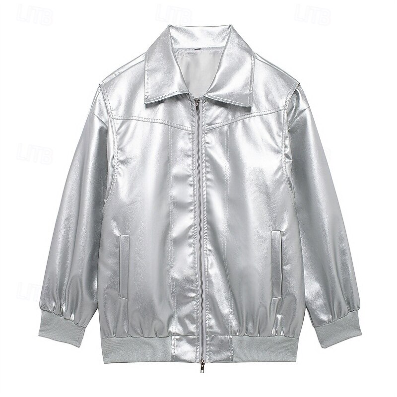 Women's Faux Leather Jacket Winter Coat Warm Comfortable Zipper Pocket Casual Solid Color Vacation Street Casual Daily Wear Regular Turndown Loose Fit Long Sleeve Outerwear Silver Burgundy Purple3