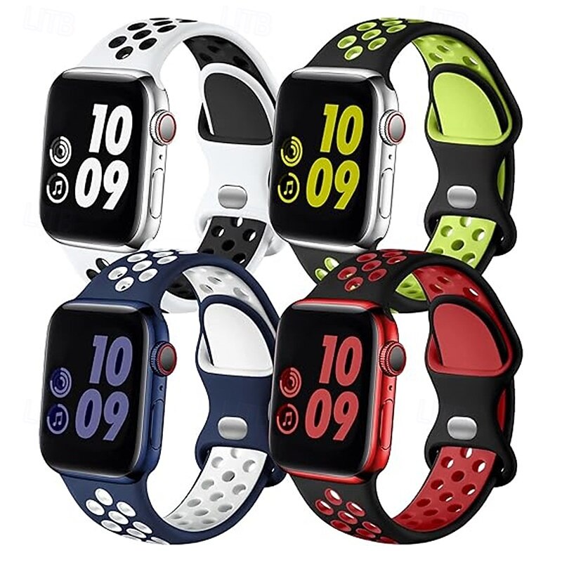 4 Pack Sport Band Modern Buckle Sport Loop Compatible with Apple Watch band 38mm 40mm 41mm 42mm 44mm 45mm 49mm Two Tone Adjustable Silicone Strap Replacement Wristband for iwatch Ultra 3 2 Series 112