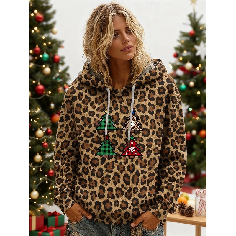 Women's Pullover Hoodies Leopard Letter Fashion Streetwear Casual Long Sleeve Hooded Regular Tops Dailywear Casual Drawstring Print Brown Spring Fall