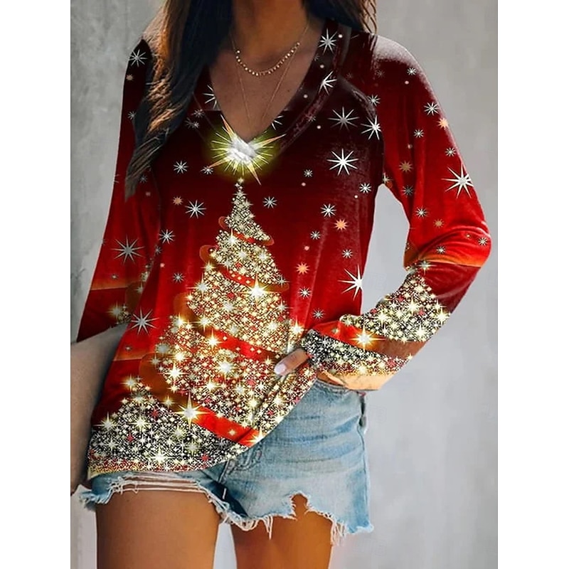 Christmas Women's T Shirt Flag Christmas Tree Elegant Vintage Stylish Long Sleeve V Neck Regular Tops Daily Going out Weekend Print Black Red Blue Summer Spring Fall Winter2