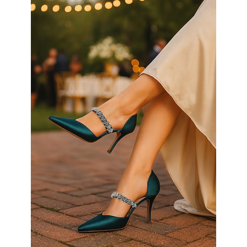 Women's Teal Satin Stiletto Heels with Crystal Strap - Elegant Pointed Toe Pumps for Formal Occasions and Cocktail Parties2