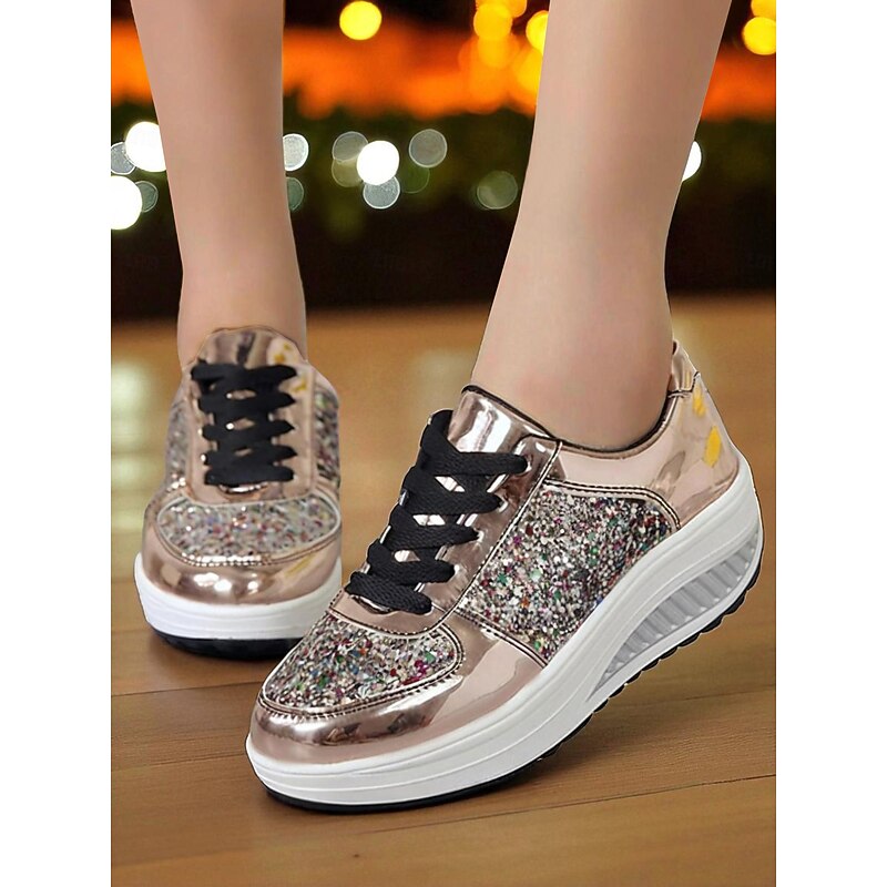 Women's Glitter Platform Sneakers - Fashion Lace-Up Chunky Sole Casual Shoes for Nightlife & Party Outfits