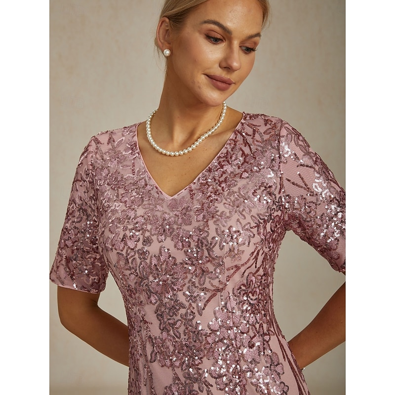 Women's Midi Dress Shift Dress Elegant Sequins Embroidered Glitter Sparkly Party Wedding Party Regular Fit Floral Short Sleeve V Neck Blush Pink Spring Fall Winter3