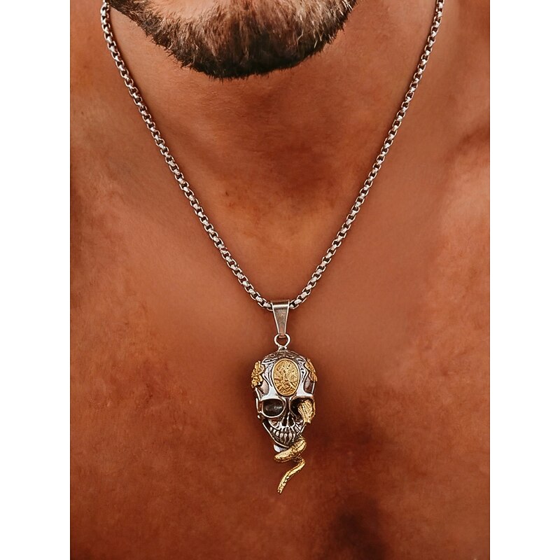 Men's Halloween Skull Snake Pendant Necklace, Gothic Punk Style Alloy Chain Jewelry for Parties, Cosplay and Festivals4