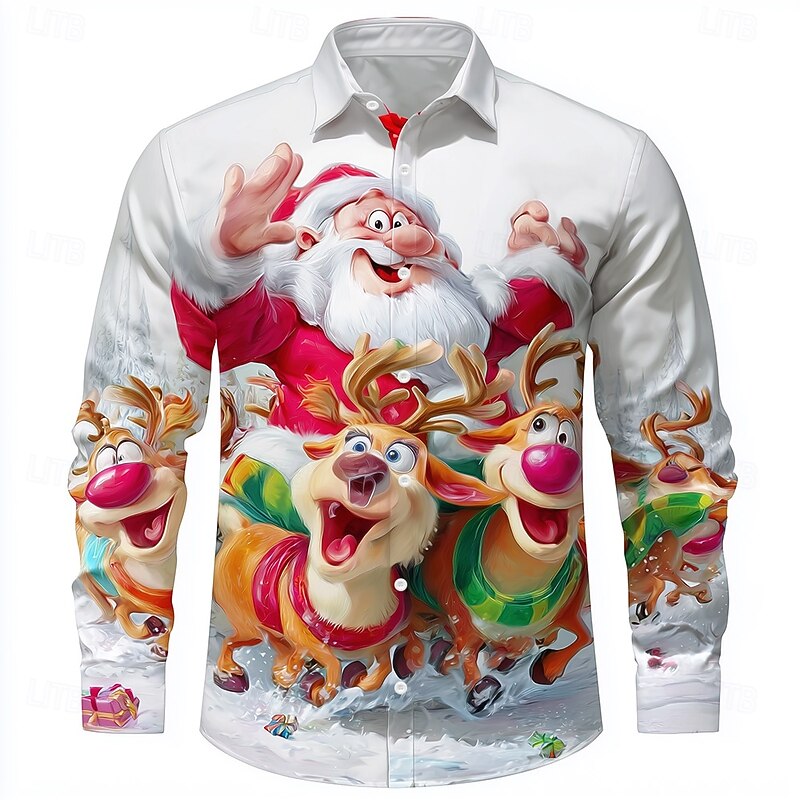 Christmas Men's Santa Claus Reindeer Christmas Animal Shirt Button Up Shirt Long Sleeve Funny Outdoor Holiday Spring Fall Turndown 3D Print Collared Shirts White 1 White White 23