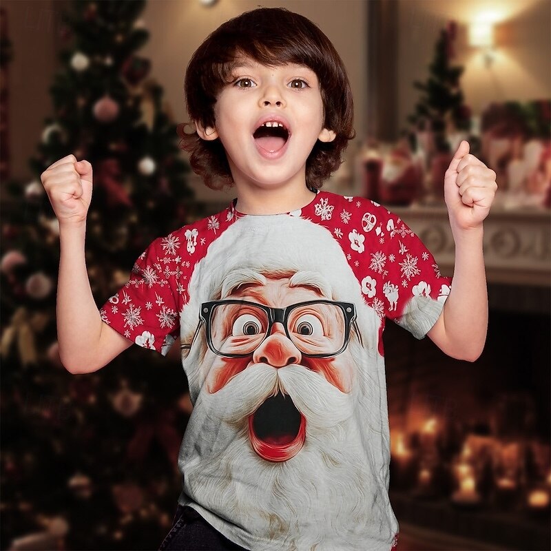 Christmas Boys' 3D Santa Claus T shirt Tee Short Sleeve Summer Spring Fashion Basic Kids 4-12 Years Crew Neck Outdoor Casual Daily Regular Fit