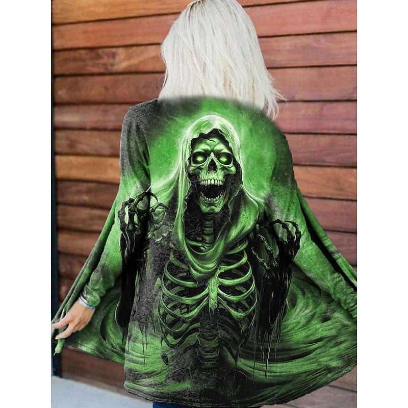 Women's Coat Lightweight Comfortable Print Vintage Artistic Casual Halloween Skull Casual Long Collarless Regular Fit Long Sleeve Outerwear Blue Purple Green Spring Fall