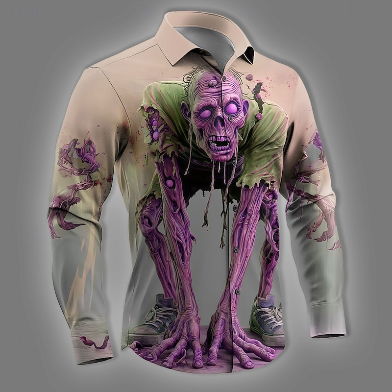 Halloween Men's Optical Illusion Zombies Horror Shirt Button Up Shirt Long Sleeve Dark Gothic Style Holiday Streetwear Spring Fall Turndown 3D Print Collared Shirts Pink Blue Purple Green2