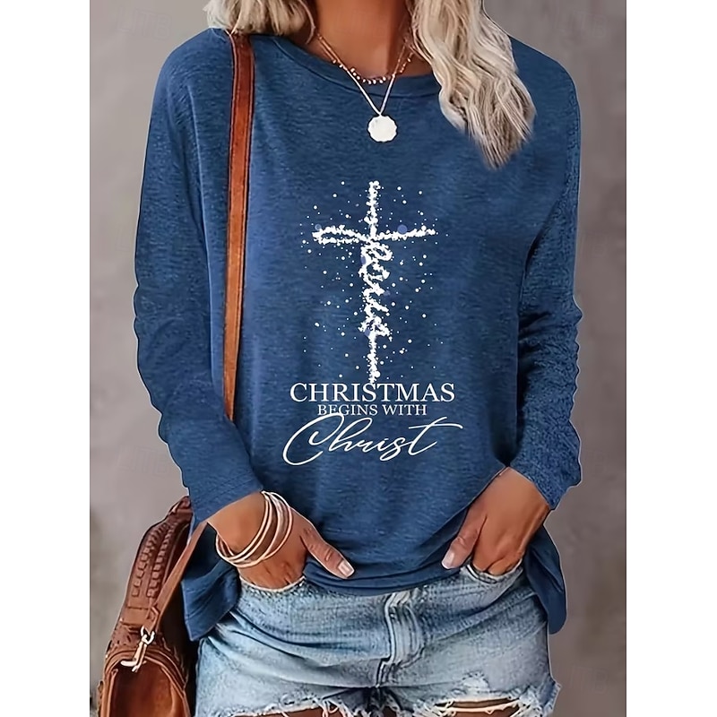 Christmas Women's T Shirt Graphic Letter Cross Vintage Fashion Stylish Long Sleeve Crew Neck Round Neck Regular Tops Daily Weekend Print Black Yellow Red Blue Spring Fall Winter