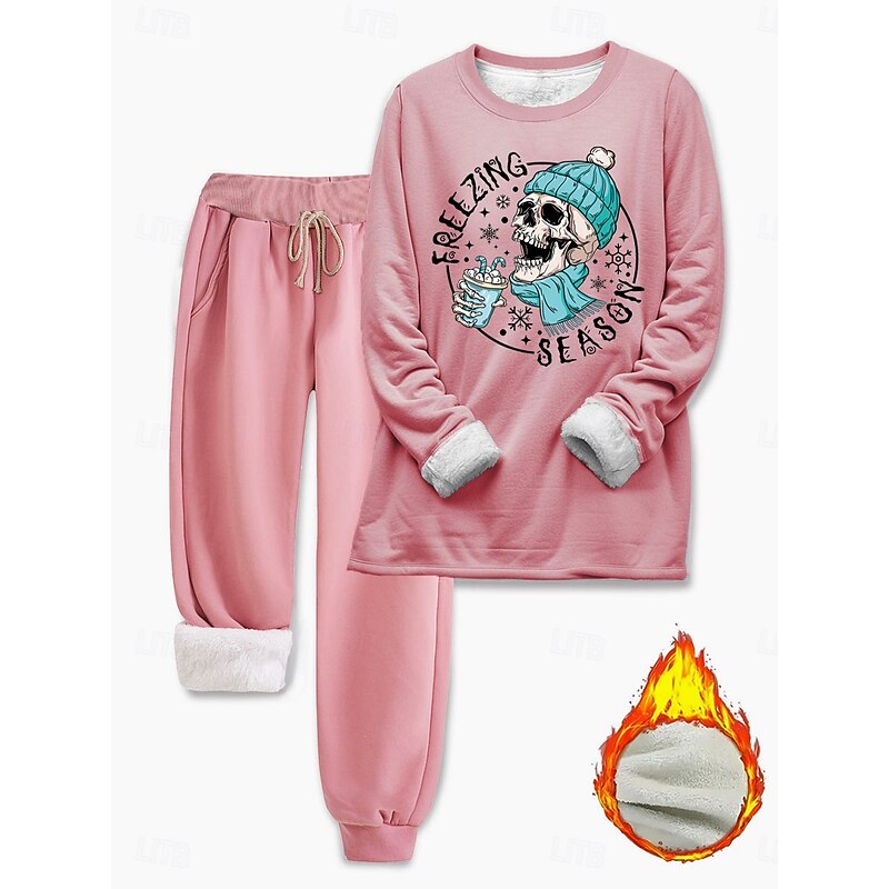 Women's Elegant Warm Fashion Two Piece Sets Tracksuit Pants Sets Long Sleeve Bishop Sleeve Crew Neck Graphic Letter Print Outdoor Vacation Daily Black Pink Dark Pink Fall Regular Fit2