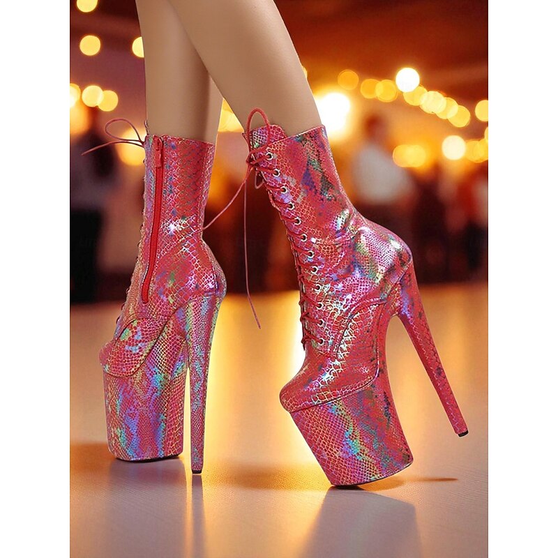 Women's Iridescent Snakeskin Platform Lace-Up Boots - Sexy High Heel Stiletto Party Shoes for Nightlife and Clubwear3