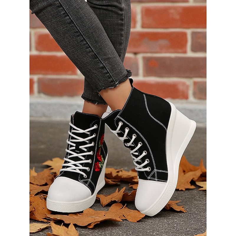 Women's Black Canvas Wedge Sneakers with Red Rose Embroidery, Lace-Up Platform Casual Shoes for Streetwear, Holloween Parties and Festivals4