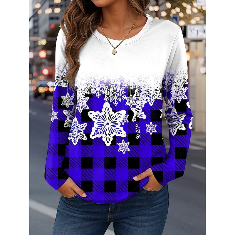 Women's T Shirt Graphic Plaid Snowflake Vintage Fashion Stylish Long Sleeve Crew Neck Regular Tops Daily Weekend Print Red Blue Purple Green Spring Fall Winter4