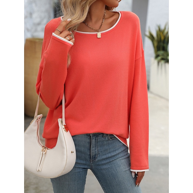 Women's Sweater Casual Soft Pure Color Ribbed Crew Neck Knitted Long Sleeve Regular Tops Knit Outdoor Daily Weekend Red Navy Blue Fall Winter3