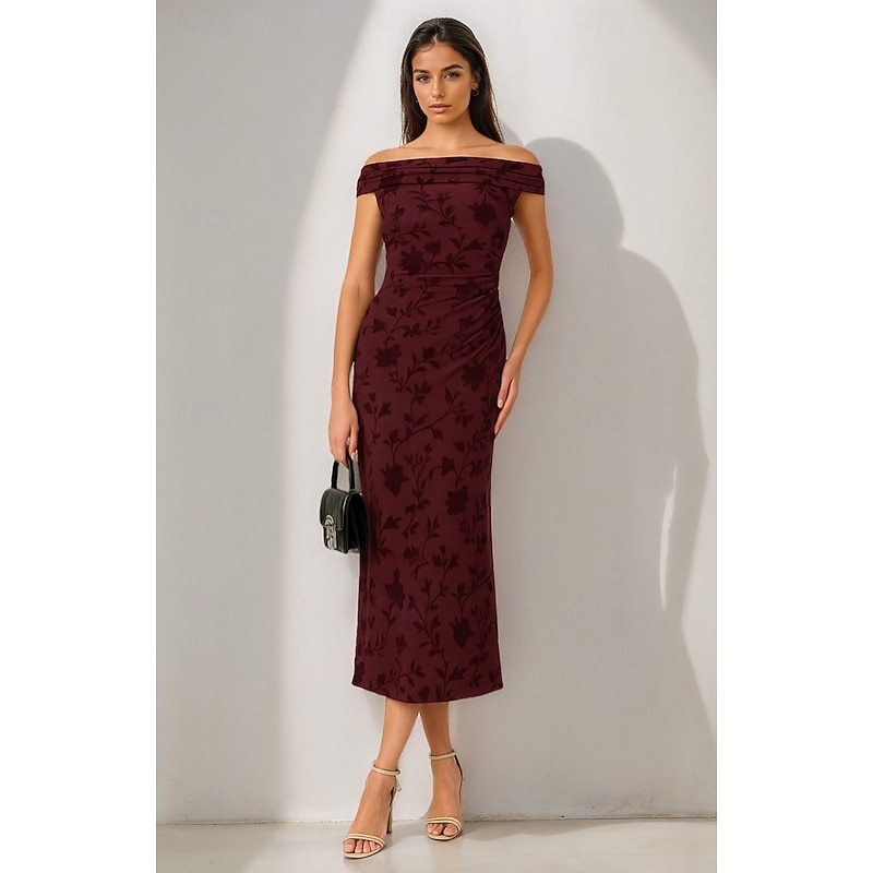 Floral Sheath / Column Cocktail Dresses Elegant Formal Dress Formal Wedding Tea Length Midi Length Sleeveless Off Shoulder Velvet with Pleats 20252