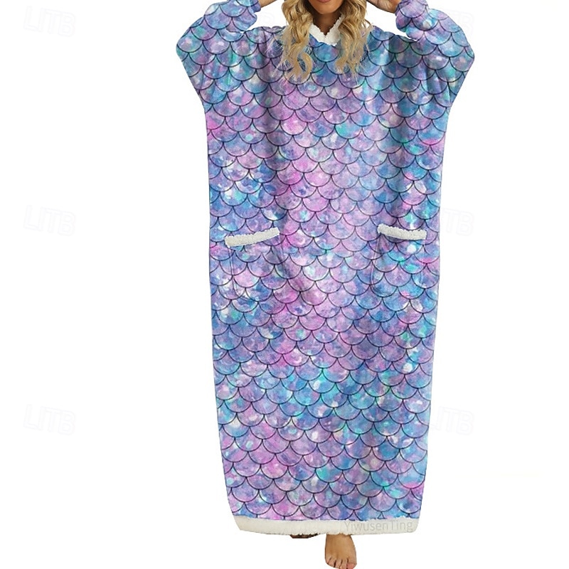 Women's Pajamas Wearable Blanket Comfort Geometic Pocket Home Daily Bed Long Sleeve Hoodie Blue Gray Winter