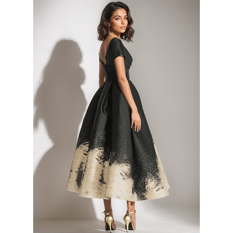 Black Gold A-Line Cocktail Gown Elegant Dress Formal Wedding Ankle Length Short Sleeve V Neck Pocket Satin with Floral Print2